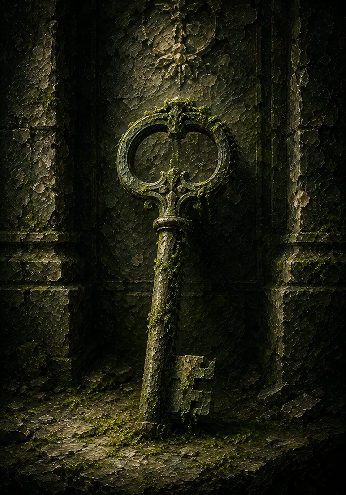 Mossbound Sentinel Ancient Key Half-Covered In Moss Green Entryway Wall Art