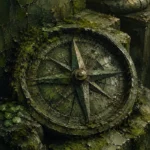 Mossbound Reliquary Weathered Compass Embedded In Green Growth Green Home Office Wall Art