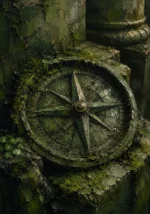 Mossbound Reliquary Weathered Compass Embedded In Green Growth Green Home Office Wall Art