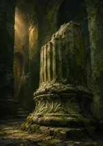 Mossbound Portrait Fragment Of Carved Column With Lichen Green Living Room Wall Art