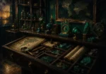 Verdant Passage Cabinet Drawer Of Maps, Instruments, And Stones Green Entryway Wall Art