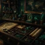 Verdant Passage Cabinet Drawer Of Maps, Instruments, And Stones Green Entryway Wall Art