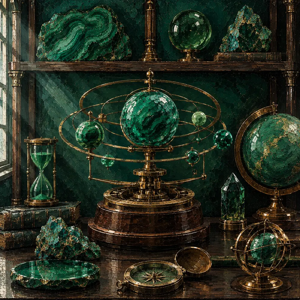 Verdant Ritual Mechanical Orrery With Emerald Planets Green Living Room Wall Art