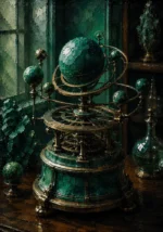 Verdant Reliquary Mechanical Orrery With Emerald Planets Green Living Room Wall Art