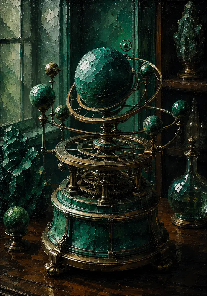 Verdant Reliquary Mechanical Orrery With Emerald Planets Green Living Room Wall Art