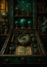 Verdant Ascent Cabinet Drawer Of Maps, Instruments, And Stones Green Entryway Wall Art