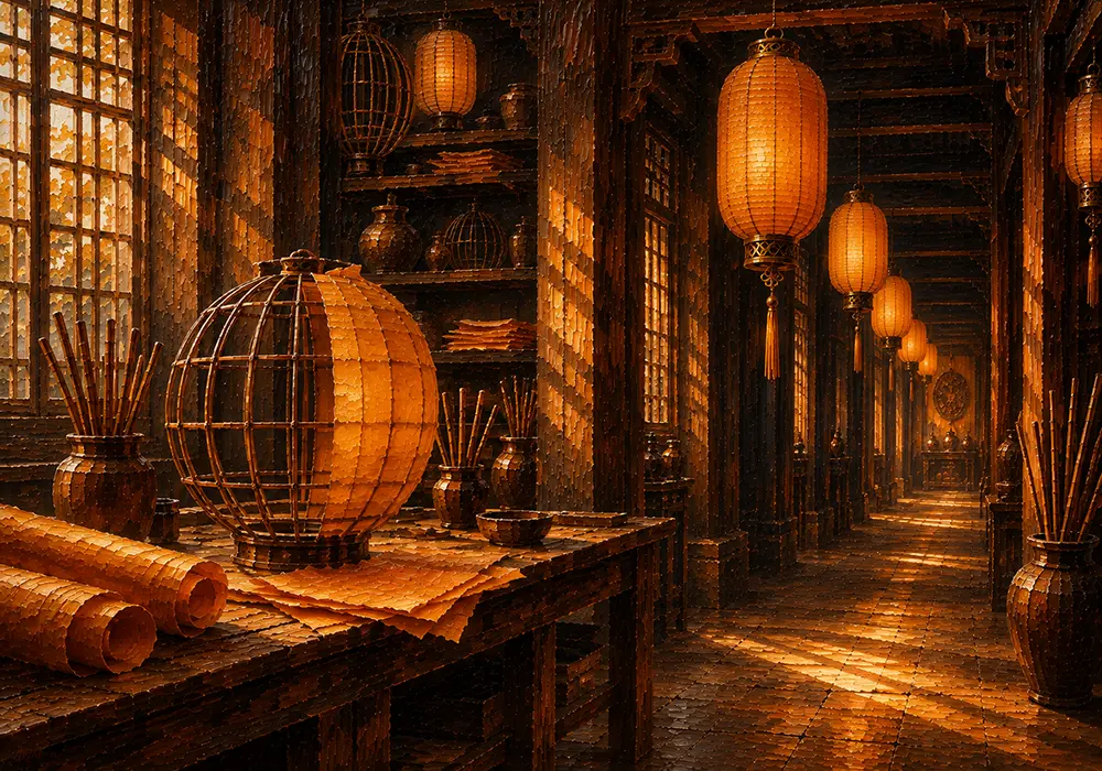 Lantern Passage Corridor Illuminated By Repeating Lanterns Orange Bedroom Wall Art