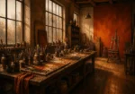 Burnt Interlude Long Worktable With Pigments And Brushes Orange Bedroom Wall Art
