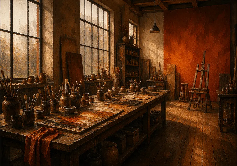 Burnt Interlude Long Worktable With Pigments And Brushes Orange Bedroom Wall Art