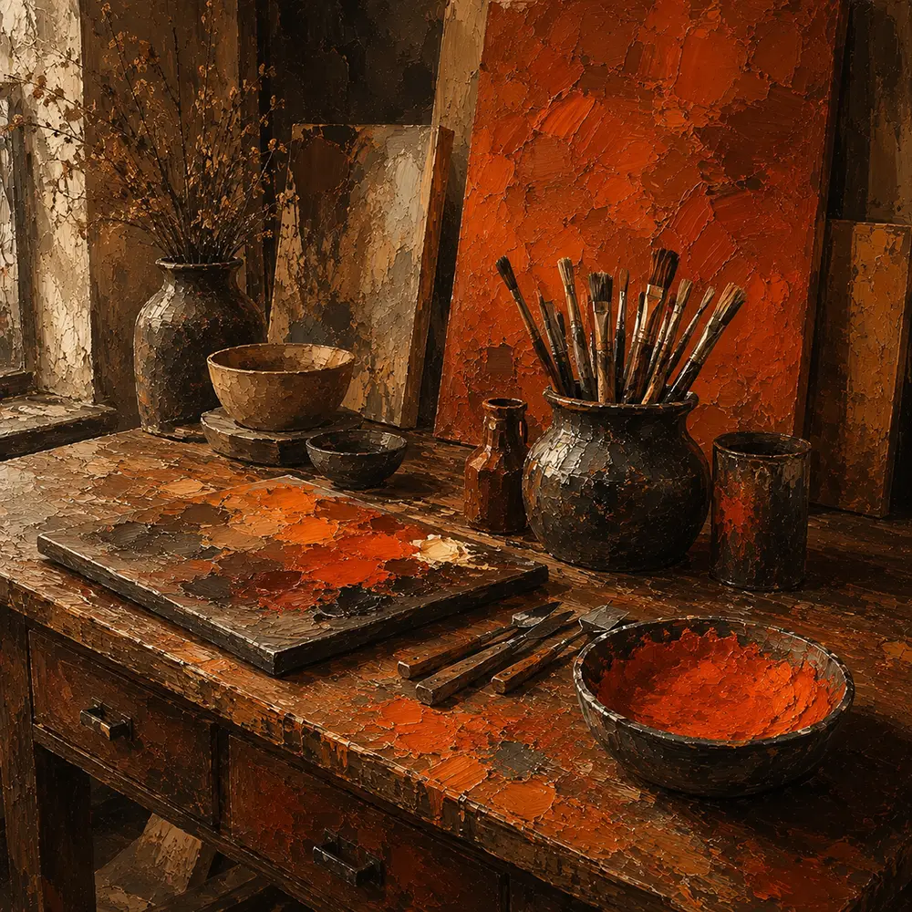 Burnt Study Long Worktable With Pigments And Brushes Orange Bedroom Wall Art