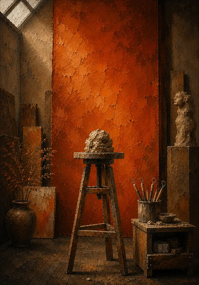 Burnt Threshold Sculptor's Stool Orange Living Room Wall Art