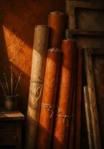 Burnt Reliquary Rolled Canvases Leaning Orange Home Office Wall Art