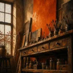 Burnt Portrait Long Worktable With Pigments And Brushes Orange Bedroom Wall Art