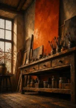 Burnt Portrait Long Worktable With Pigments And Brushes Orange Bedroom Wall Art