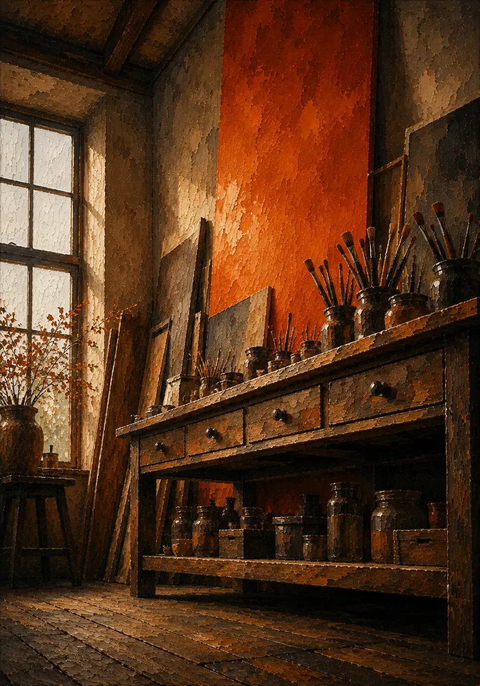 Burnt Portrait Long Worktable With Pigments And Brushes Orange Bedroom Wall Art