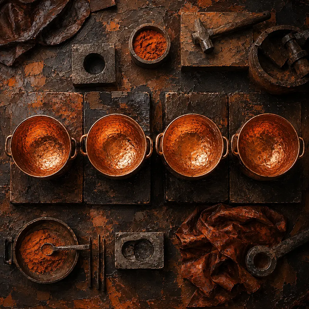 Copper Emblem Row Of Hammered Copper Vessels Orange Living Room Wall Art