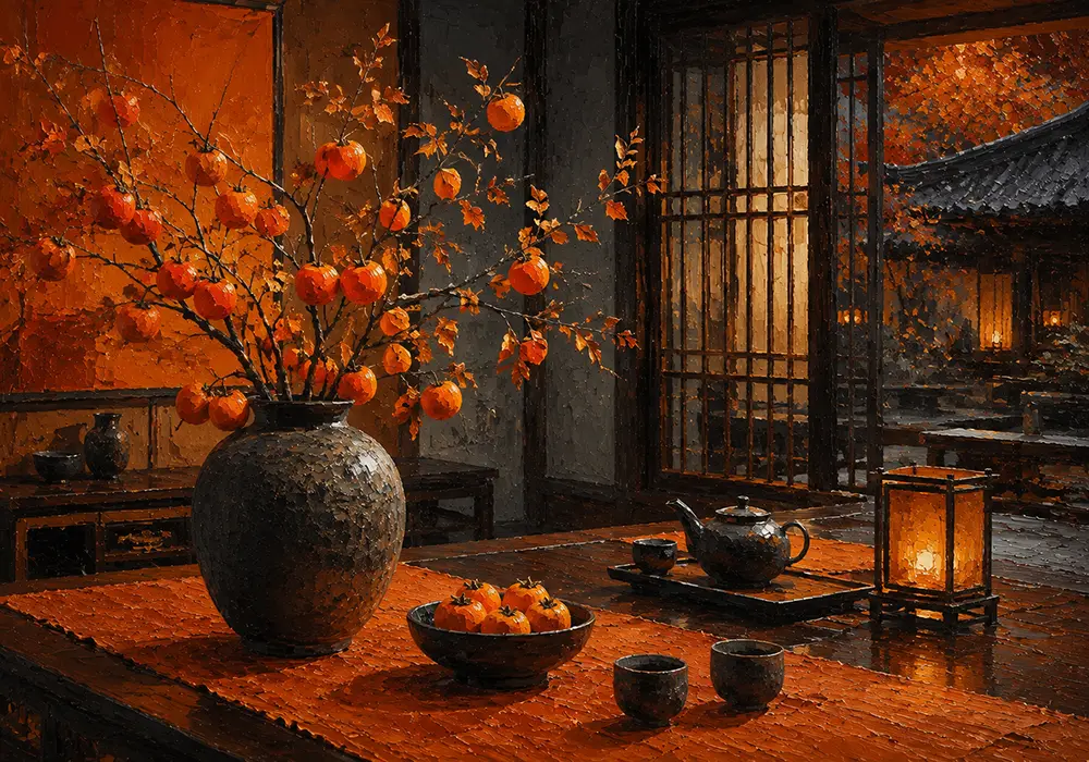 Persimmon Salon Tall Branch Of Ripe Fruit In A Orange Dining Room Wall Art