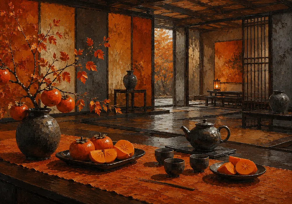 Persimmon Chronicle Tea Setting Orange Kitchen Wall Art