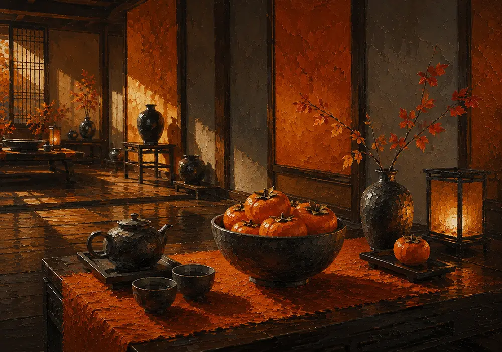Persimmon Interlude Ceremonial Bowl Filled With Orange Fruit Orange Breakfast Nook Wall Art