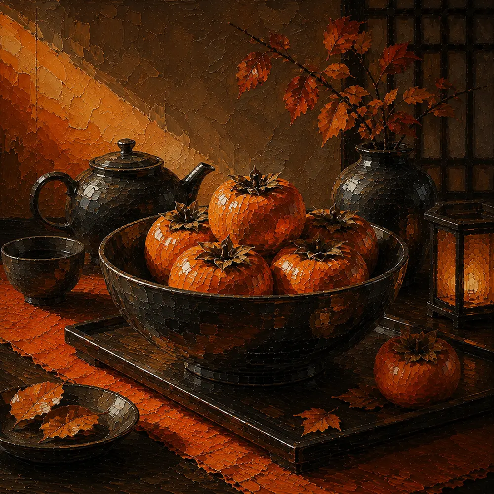 Persimmon Study Ceremonial Bowl Filled With Orange Fruit Orange Breakfast Nook Wall Art