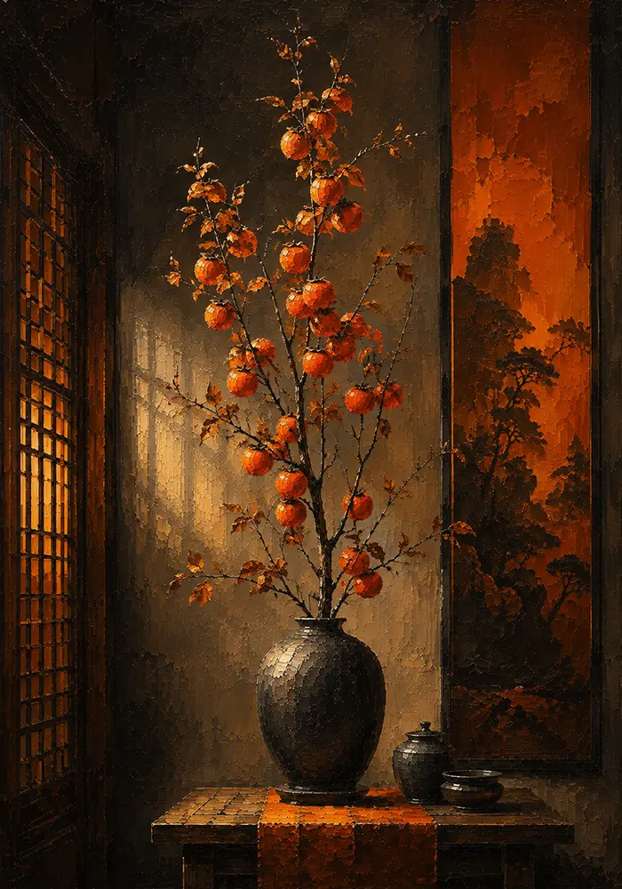 Persimmon Threshold Tall Branch Of Ripe Fruit In A Orange Dining Room Wall Art