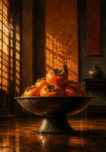 Persimmon Portrait Ceremonial Bowl Filled With Orange Fruit Orange Breakfast Nook Wall Art