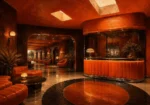 Motel Procession Glowing Motel Lobby Desk Without Signage Orange Living Room Wall Art