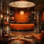 Motel Cabinet Glowing Motel Lobby Desk Without Signage Orange Living Room Wall Art