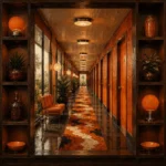 Motel Ritual Long Corridor With Repeating Room Doors Orange Home Office Wall Art