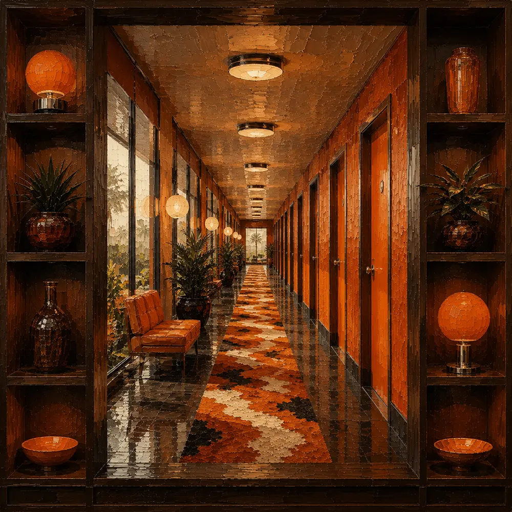 Motel Ritual Long Corridor With Repeating Room Doors Orange Home Office Wall Art