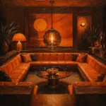 Motel Constellation Sunken Conversation Pit Around A Glass Table Orange Entertainment Room Wall Art