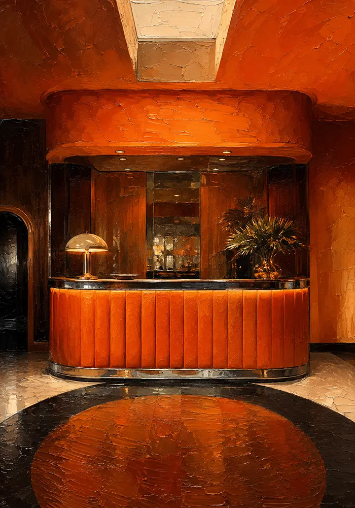 Motel Sentinel Glowing Motel Lobby Desk Without Signage Orange Living Room Wall Art