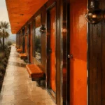 Motel Reliquary Long Corridor With Repeating Room Doors Orange Home Office Wall Art