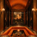 Motel Ascent Sunken Conversation Pit Around A Glass Table Orange Entertainment Room Wall Art