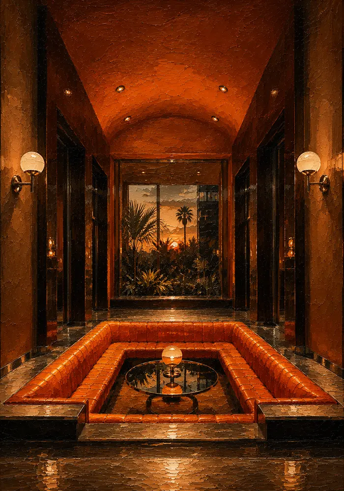 Motel Ascent Sunken Conversation Pit Around A Glass Table Orange Entertainment Room Wall Art