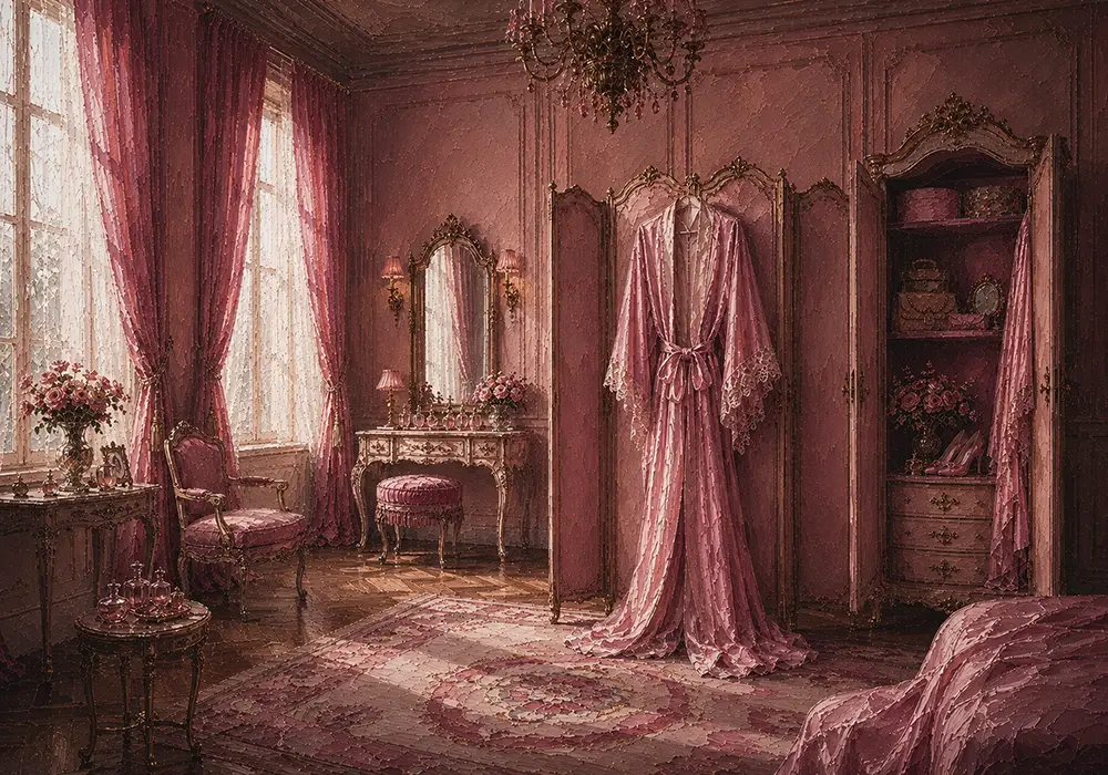 Blush Salon Silk Dressing Gown Draped Over A Screen Pink Dressing Room Wall Art