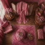Blush Emblem Silk Dressing Gown Draped Over A Screen Pink Dressing Room Wall Art