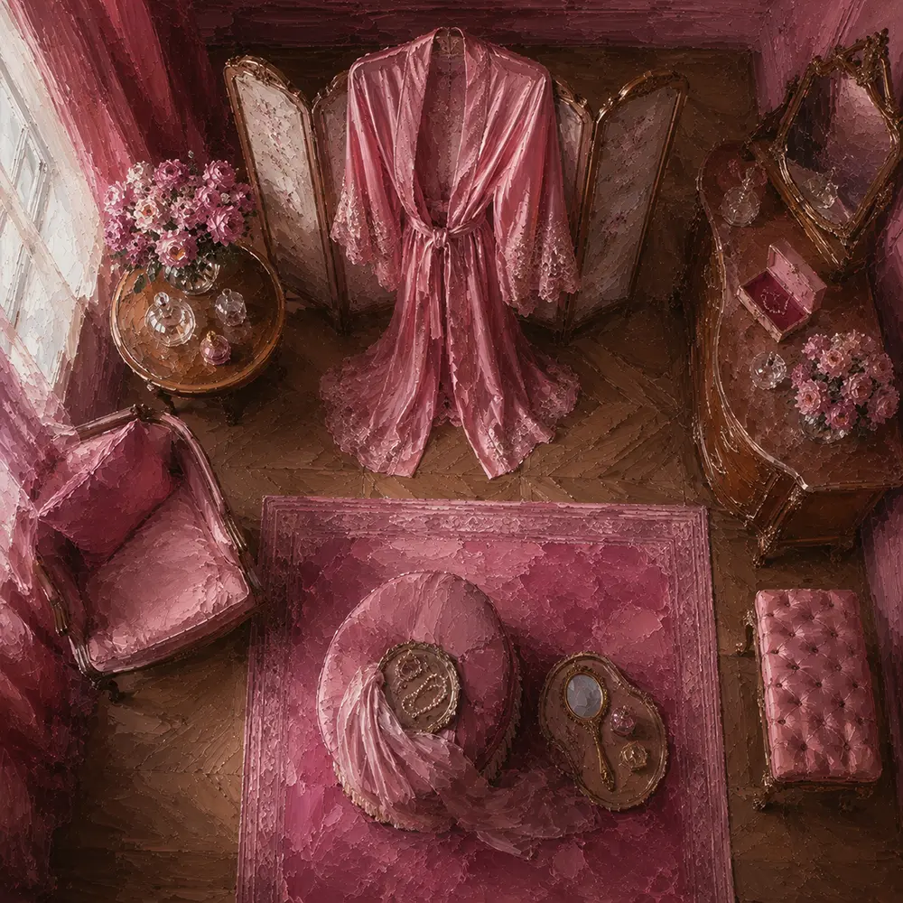 Blush Emblem Silk Dressing Gown Draped Over A Screen Pink Dressing Room Wall Art