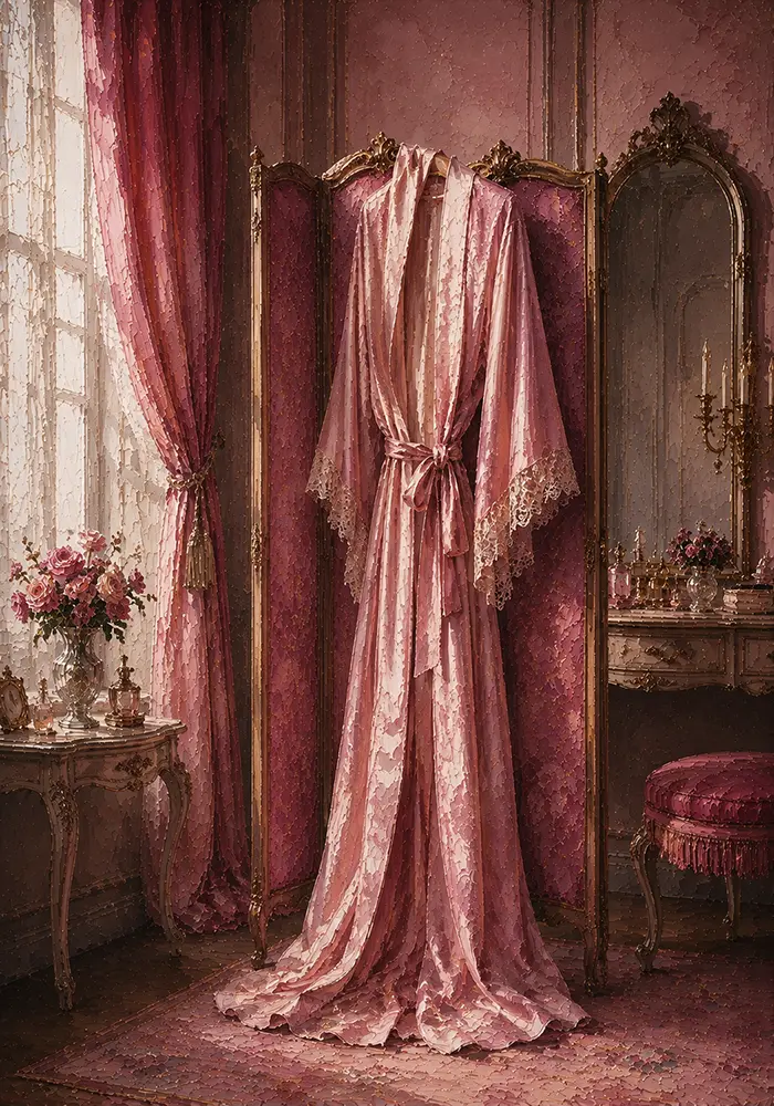Blush Threshold Silk Dressing Gown Draped Over A Screen Pink Dressing Room Wall Art
