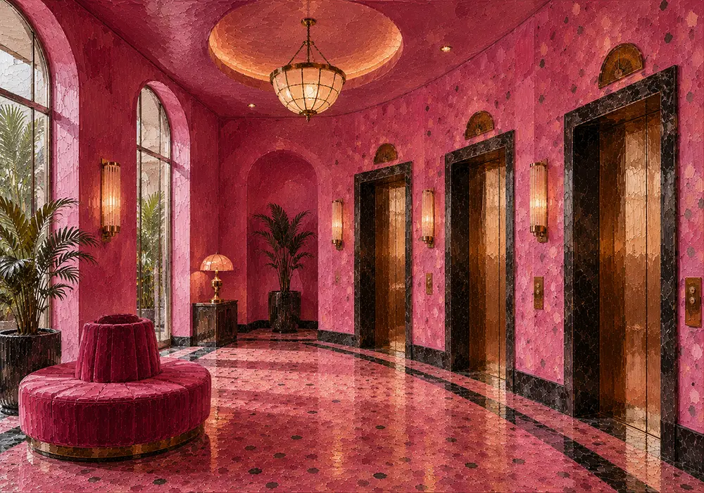 Flamingo Chronicle Empty Elevator Lobby With Terrazzo Walls Pink Bedroom Wall Art