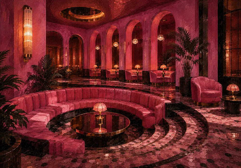 Flamingo Interlude Sunken Hotel Lounge Around A Mirrored Table Pink Living Room Wall Art