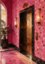 Flamingo Reliquary Empty Elevator Lobby With Terrazzo Walls Pink Bedroom Wall Art