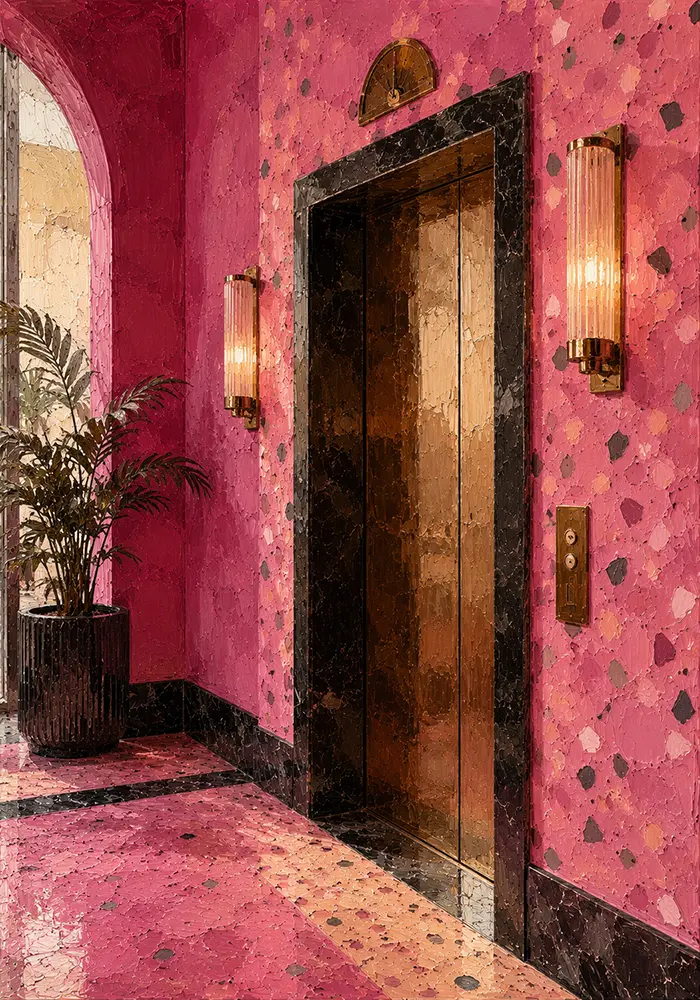 Flamingo Reliquary Empty Elevator Lobby With Terrazzo Walls Pink Bedroom Wall Art