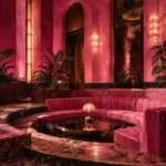 Flamingo Portrait Sunken Hotel Lounge Around A Mirrored Table Pink Living Room Wall Art