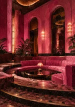 Flamingo Portrait Sunken Hotel Lounge Around A Mirrored Table Pink Living Room Wall Art