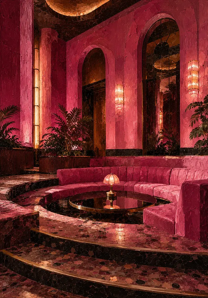Flamingo Portrait Sunken Hotel Lounge Around A Mirrored Table Pink Living Room Wall Art