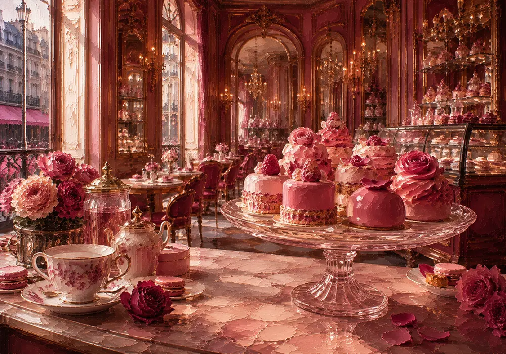 Patisserie Procession Glass Cake Stand Pink Kitchen Wall Art