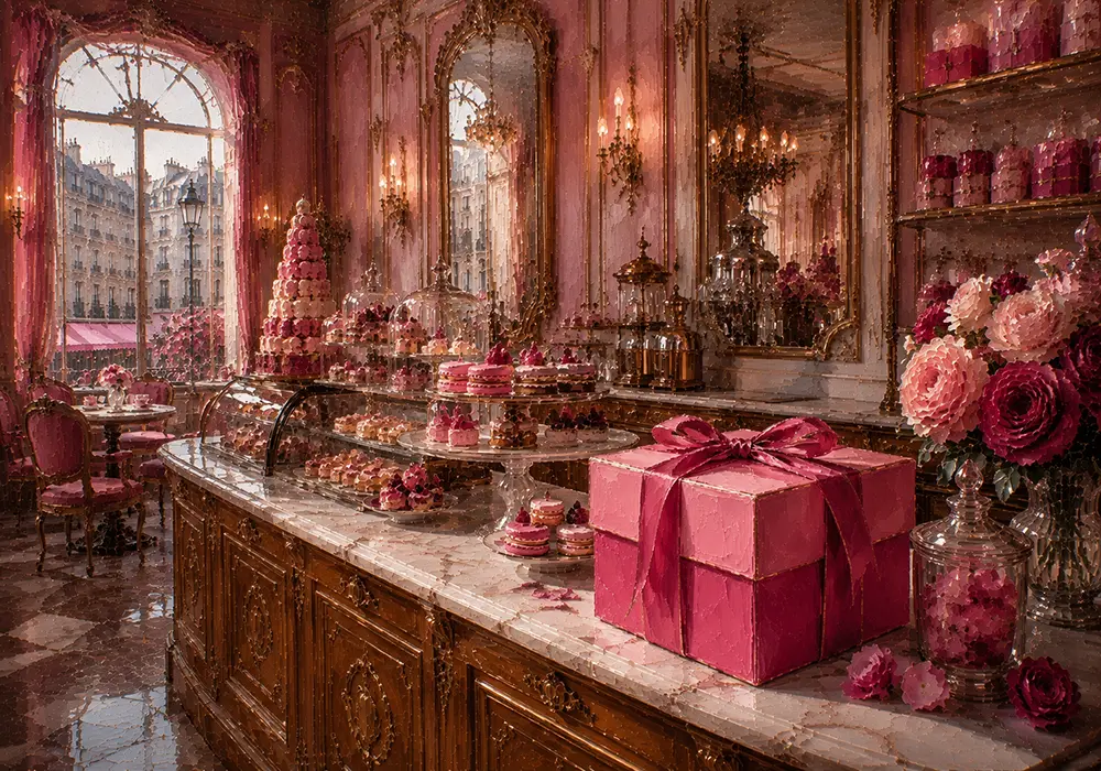 Patisserie Chronicle Pink Pastry Box Without Lettering Tied In Pink Breakfast Nook Wall Art