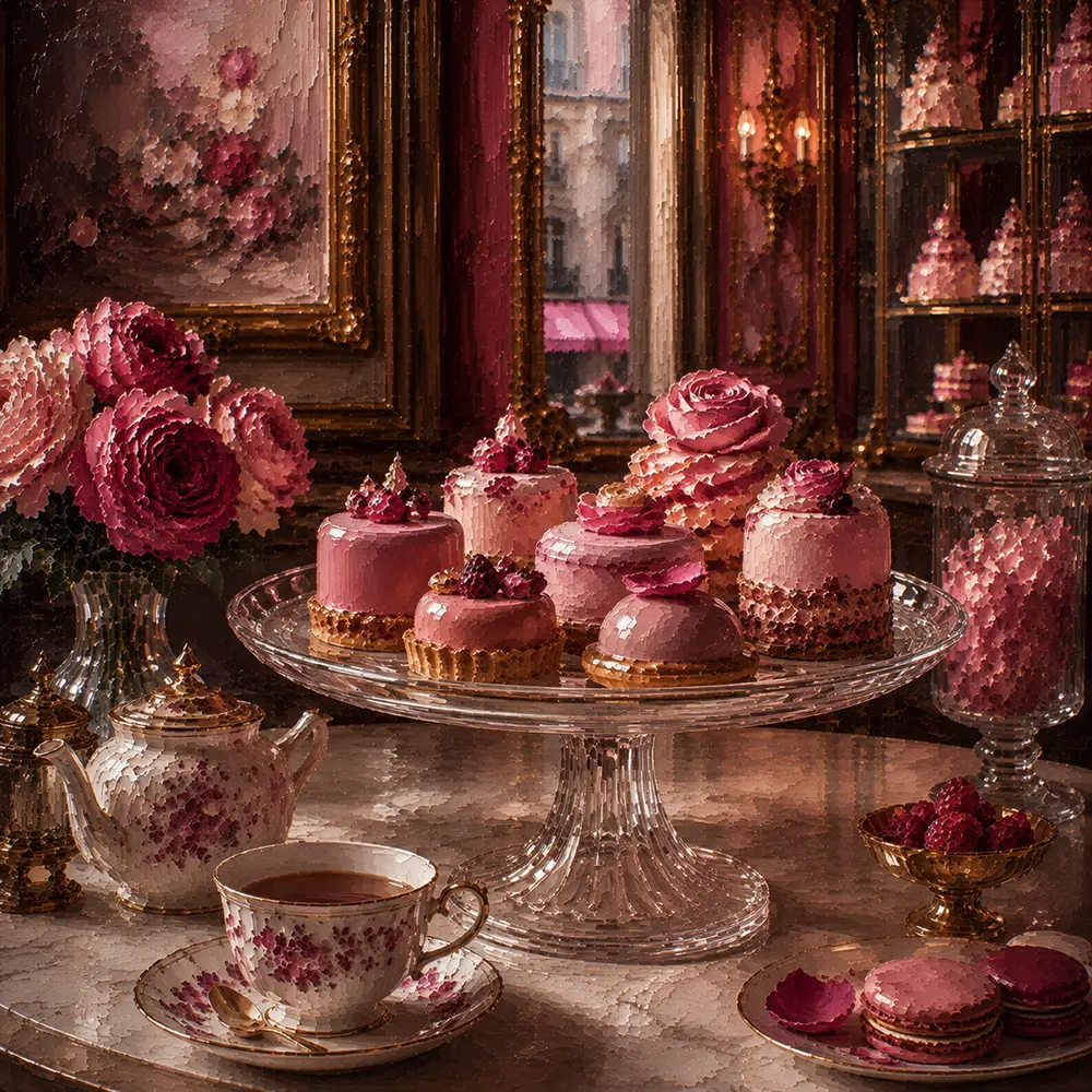 Patisserie Cabinet Glass Cake Stand Pink Kitchen Wall Art