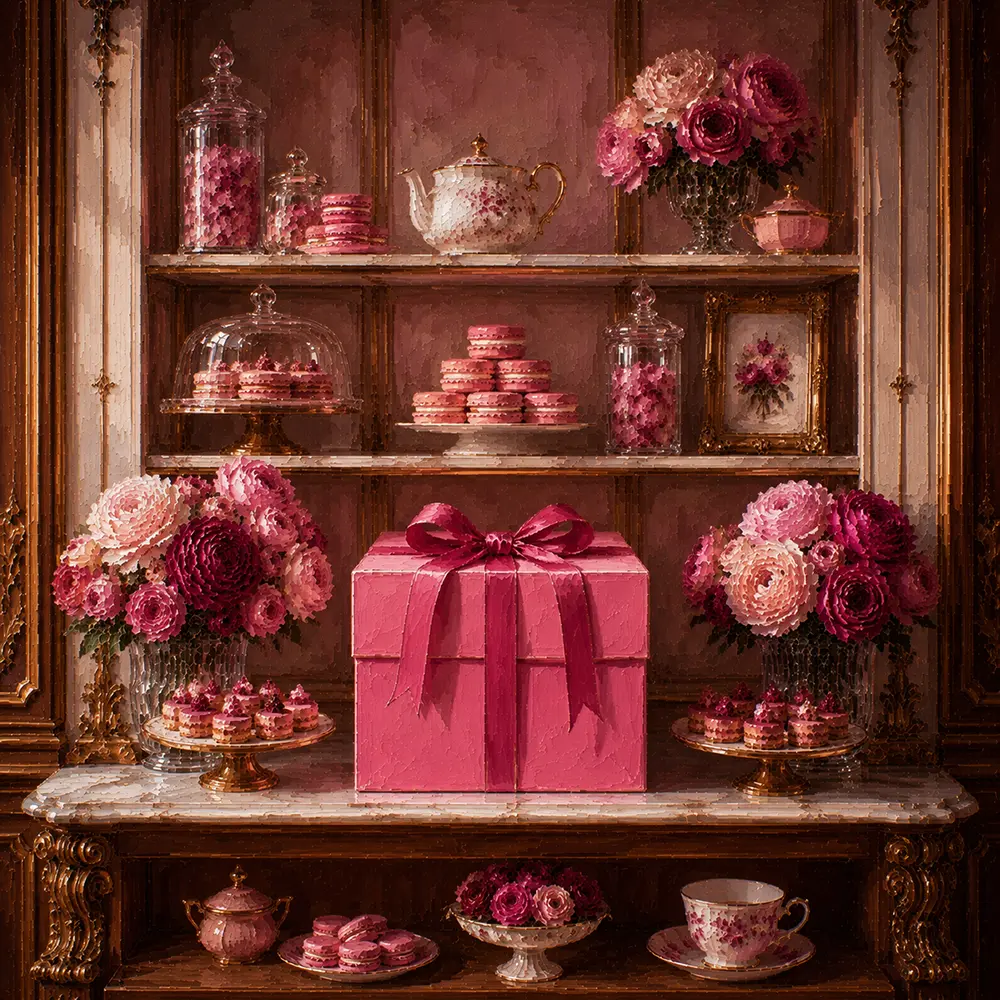 Patisserie Ritual Pink Pastry Box Without Lettering Tied In Pink Breakfast Nook Wall Art